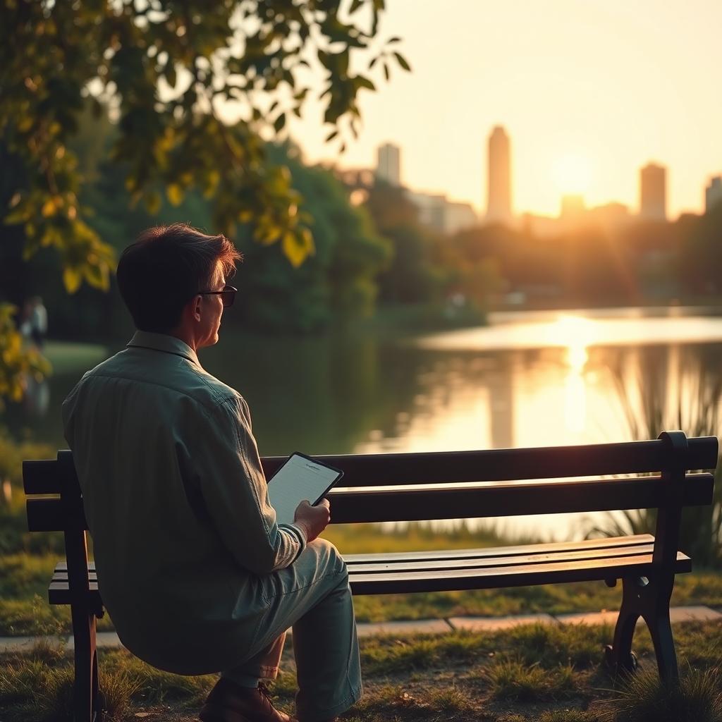 A serene and introspective scene depicting a person sitting on a park bench, gazing at a calming lake surrounded by lush greenery