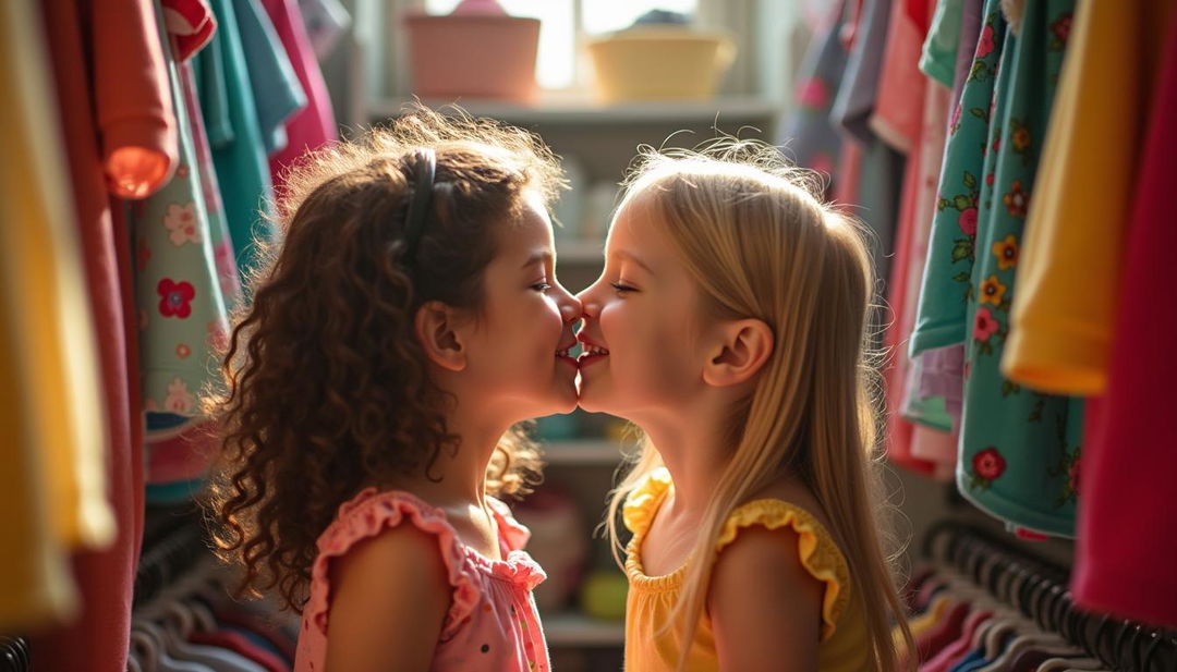 Two young girls facing each other, sharing a tender kiss inside a cozy closet