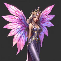 A beautiful fantasy character featuring a majestic figure adorned with elegant wings that shimmer in iridescent colors