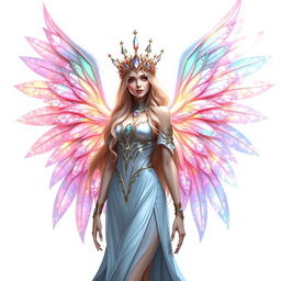 A beautiful fantasy character featuring a majestic figure adorned with elegant wings that shimmer in iridescent colors