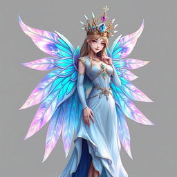 A beautiful fantasy character featuring a majestic figure adorned with elegant wings that shimmer in iridescent colors