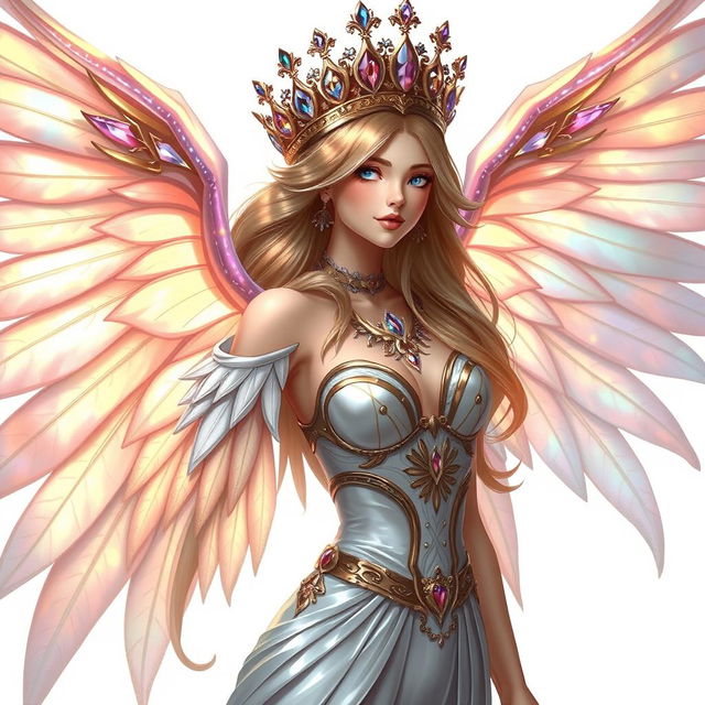 A beautiful fantasy character featuring a majestic figure adorned with elegant wings that shimmer in iridescent colors