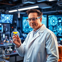 A portrait of Elon Musk as a scientist in a high-tech laboratory, with futuristic lab equipment and glowing screens surrounding him