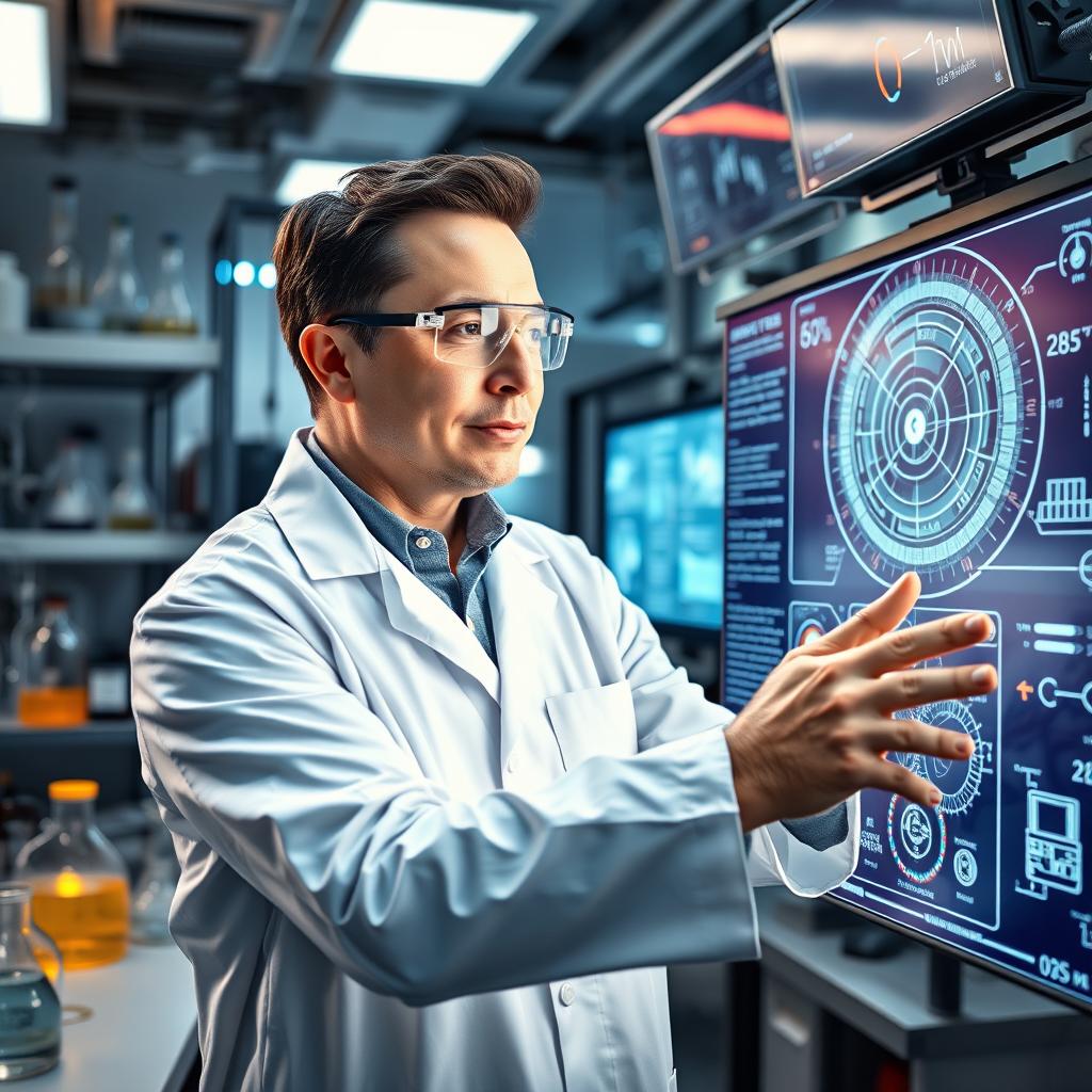 A portrait of Elon Musk as a scientist in a high-tech laboratory, with futuristic lab equipment and glowing screens surrounding him