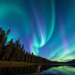 A breathtaking night sky filled with vivid auroras over a lush forest, the northern lights swirling in bright greens, purples, and blues