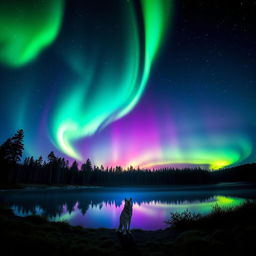 A breathtaking night sky filled with vivid auroras over a lush forest, the northern lights swirling in bright greens, purples, and blues