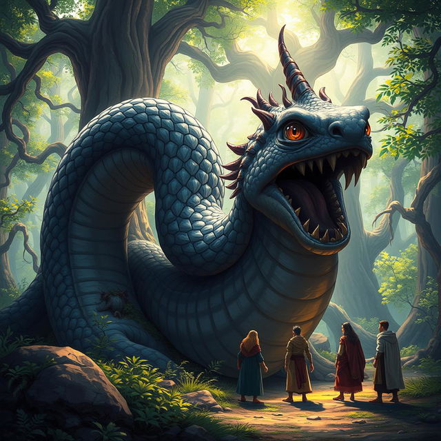 An imaginative and striking illustration of the Dabbah, a mythical creature resembling a gigantic serpent with glossy scales and an intricate design, emerging from the ground