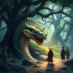 An imaginative and striking illustration of the Dabbah, a mythical creature resembling a gigantic serpent with glossy scales and an intricate design, emerging from the ground