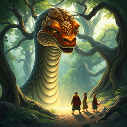 An imaginative and striking illustration of the Dabbah, a mythical creature resembling a gigantic serpent with glossy scales and an intricate design, emerging from the ground