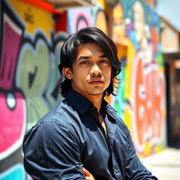 A striking portrait of JOMAR DELPOSO BOHOLST, set in a vibrant urban environment filled with abstract art on the walls