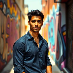 A striking portrait of JOMAR DELPOSO BOHOLST, set in a vibrant urban environment filled with abstract art on the walls