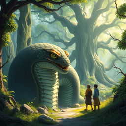 An imaginative and striking illustration of the Dabbah, a mythical creature resembling a gigantic serpent with glossy scales and an intricate design, emerging from the ground