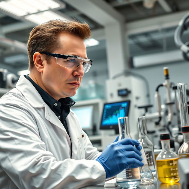 Elon Musk depicted as a scientist in a modern laboratory setting, surrounded by high-tech equipment and scientific instruments