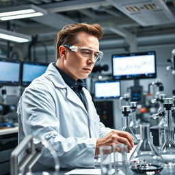 Elon Musk depicted as a scientist in a modern laboratory setting, surrounded by high-tech equipment and scientific instruments