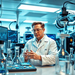 Elon Musk depicted as a scientist in a modern laboratory setting, surrounded by high-tech equipment and scientific instruments