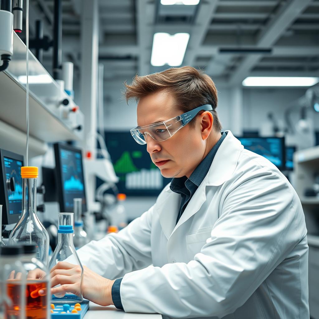 Elon Musk depicted as a scientist in a modern laboratory setting, surrounded by high-tech equipment and scientific instruments