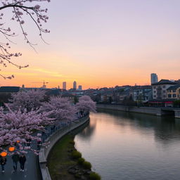 A tranquil and picturesque cityscape featuring a blend of traditional and modern architecture