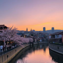 A tranquil and picturesque cityscape featuring a blend of traditional and modern architecture