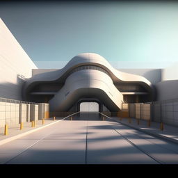 front view of gate of futuristic maximum-security penitentiary in broad daylight based on https://files.dreamhome.software/files/static/37174