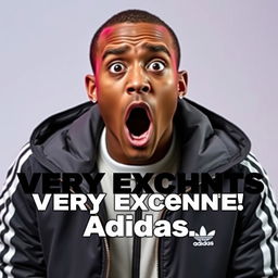 A YouTube thumbnail featuring a person with a shocked expression, wearing a very expensive Adidas jacket