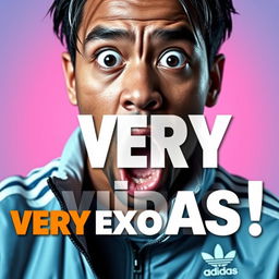 A YouTube thumbnail featuring a person with a shocked expression, wearing a very expensive Adidas jacket