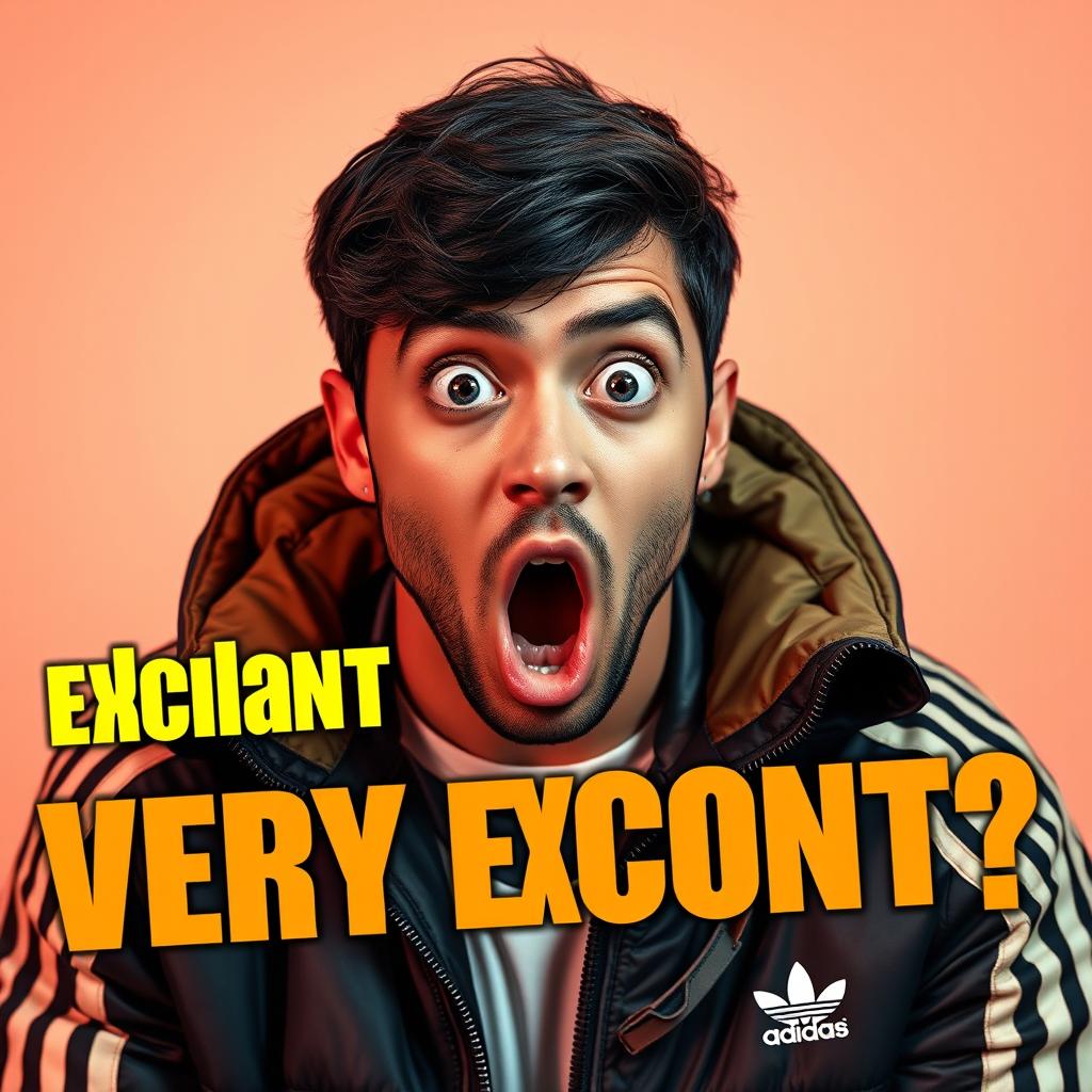 A YouTube thumbnail featuring a person with a shocked expression, wearing a very expensive Adidas jacket