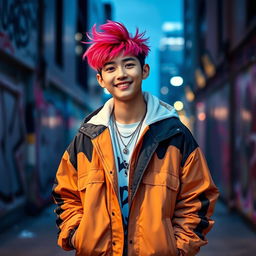 A young man with a charming smile and charismatic style, inspired by the aesthetic of a K-pop idol