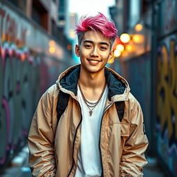 A young man with a charming smile and charismatic style, inspired by the aesthetic of a K-pop idol