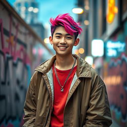 A young man with a charming smile and charismatic style, inspired by the aesthetic of a K-pop idol