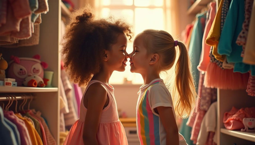 Two young girls facing each other, sharing a tender kiss inside a charming closet