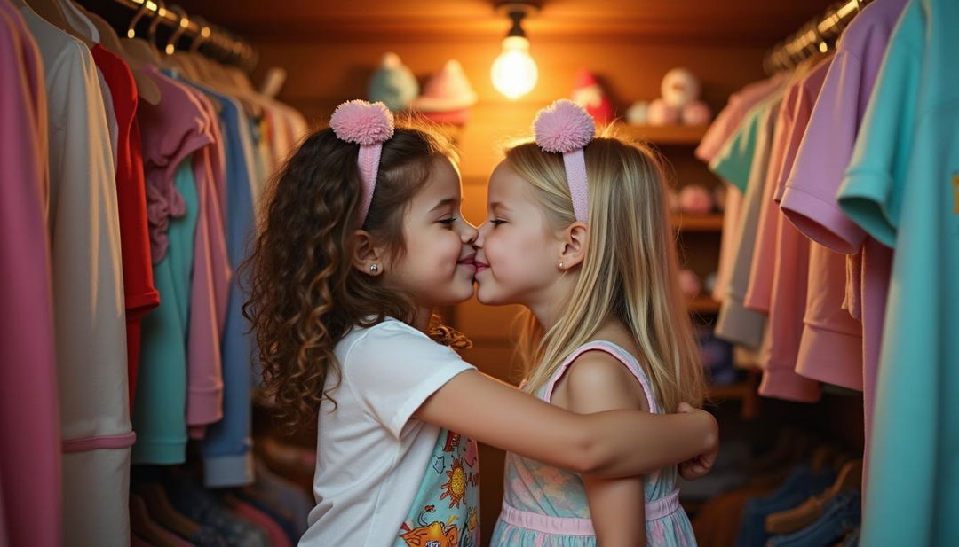 Two young girls facing each other, embracing tightly in a cozy closet, sharing a tender kiss