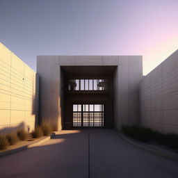 front view of gate of futuristic maximum-security penitentiary in broad daylight based on https://files.dreamhome.software/files/static/37174