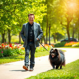 Elon Musk walking through a vibrant park on a sunny day, accompanied by a fluffy black Pomeranian dog with long hair