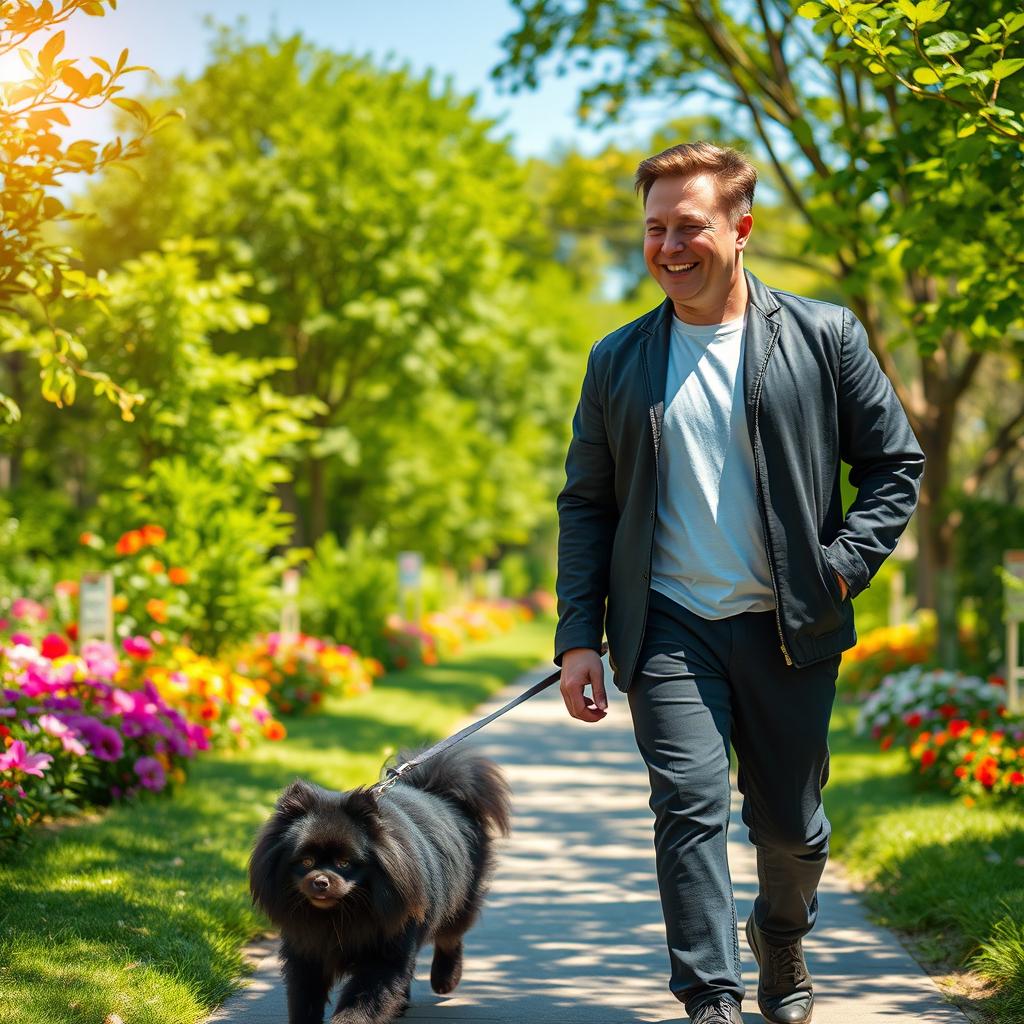 Elon Musk walking through a vibrant park on a sunny day, accompanied by a fluffy black Pomeranian dog with long hair