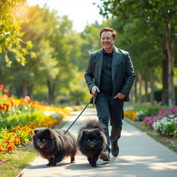 Elon Musk walking through a vibrant park on a sunny day, accompanied by a fluffy black Pomeranian dog with long hair