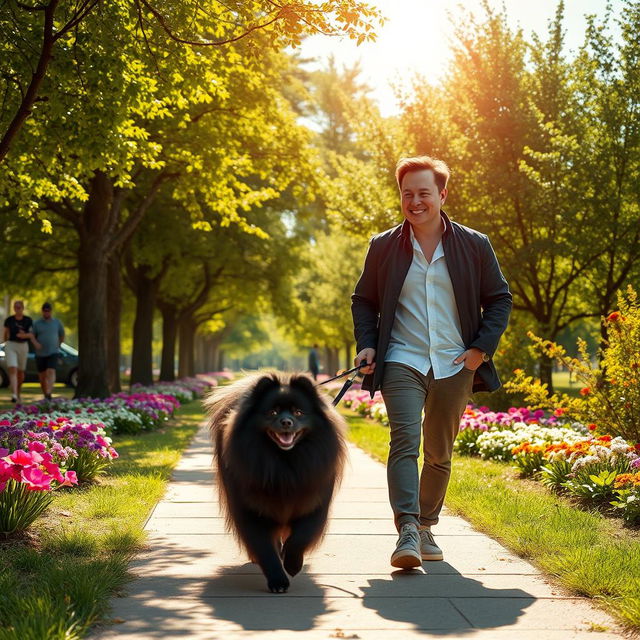 Elon Musk walking through a vibrant park on a sunny day, accompanied by a fluffy black Pomeranian dog with long hair