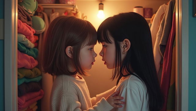 Two young girls facing each other in a small, cozy closet, looking serious yet affectionate