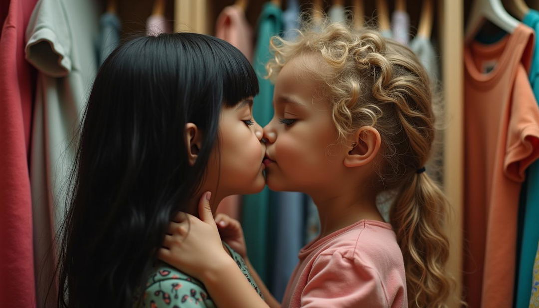 A realistic photo of two young girls facing each other, looking serious yet tender as they embrace and share a gentle kiss inside a closet