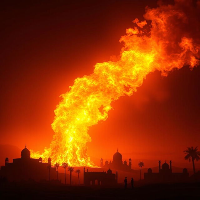 A dramatic and powerful scene depicting fire emerging from Yemen, symbolizing a spiritual and transformative movement leading humanity towards the region of Sham