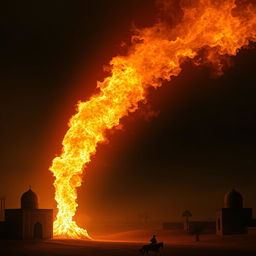 A dramatic and powerful scene depicting fire emerging from Yemen, symbolizing a spiritual and transformative movement leading humanity towards the region of Sham
