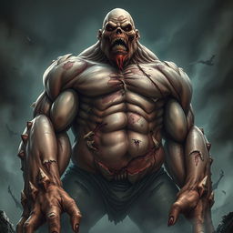 A striking light novel cover featuring a giant grotesque flesh golem towering menacingly, showcasing its massive muscular body composed of patchy, peeling flesh