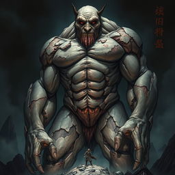 A striking light novel cover featuring a giant grotesque flesh golem towering menacingly, showcasing its massive muscular body composed of patchy, peeling flesh