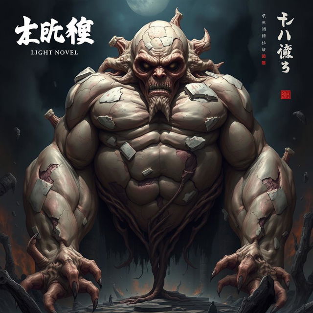 A striking light novel cover featuring a giant grotesque flesh golem towering menacingly, showcasing its massive muscular body composed of patchy, peeling flesh