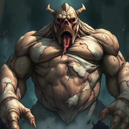 A striking light novel cover featuring a giant grotesque flesh golem towering menacingly, showcasing its massive muscular body composed of patchy, peeling flesh