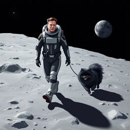 A whimsical and imaginative scene depicting Elon Musk walking on the moon