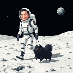 A whimsical and imaginative scene depicting Elon Musk walking on the moon