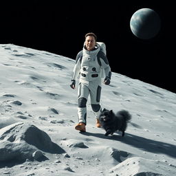 A whimsical and imaginative scene depicting Elon Musk walking on the moon