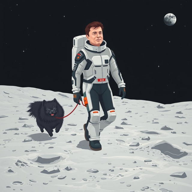 A whimsical and imaginative scene depicting Elon Musk walking on the moon