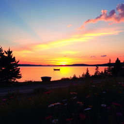 A serene summer sunset over a tranquil lake, with vibrant orange and pink hues reflecting off the water