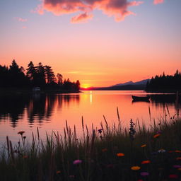 A serene summer sunset over a tranquil lake, with vibrant orange and pink hues reflecting off the water